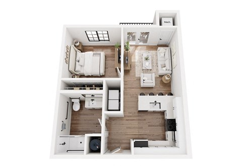a stylized floor plan with a bedroom and living room